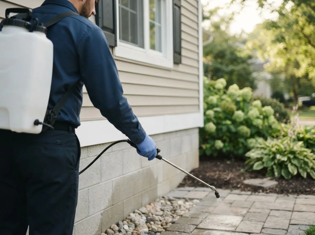 Pest control technician inspecting a home in Tecumseh, MO